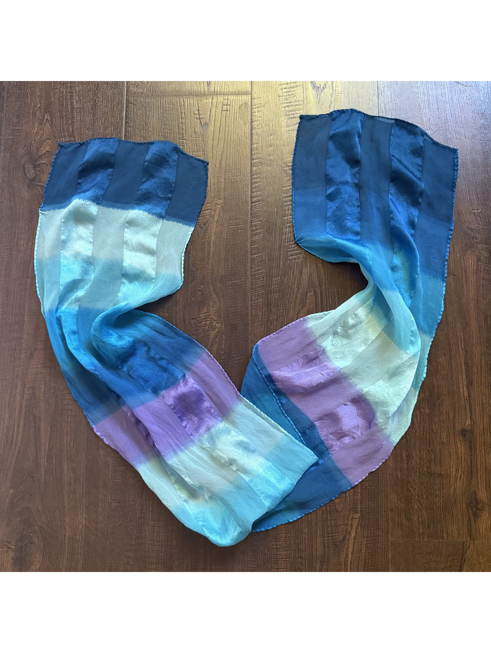 Vintage Silk Scarf Teal Aqua Lavender Watercolor Striped Long Scarf